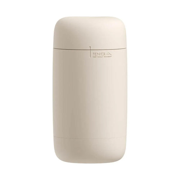 Tenga Puffy Latte Brown male masturbator, discreet capsule design, rear three-quarter view