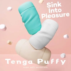Tenga Puffy in three colors stacked, highlighting ultra-soft pliable outer material