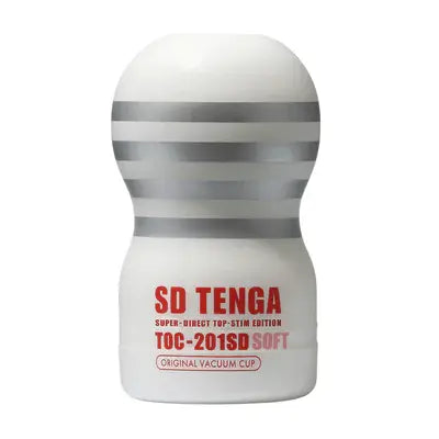 Tenga SD Original Vacuum Cup Gentle in white with silver stripe detail, compact upright view