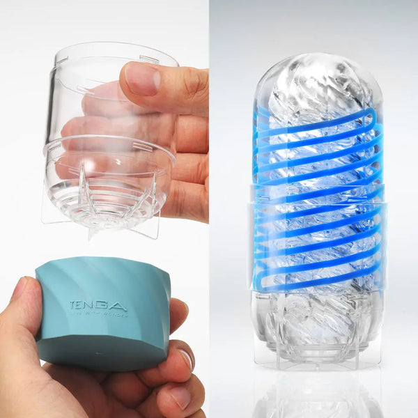 Tenga Spinner DX 01 Drops disassembled into clear sleeve and teal outer case beside assembled unit