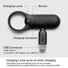 Tenga SVR+ black ring with labeled charging lamp, button, charging connector, and USB connector