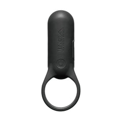 Tenga SVR+ black silicone smart vibe ring front view showing power button and ring base
