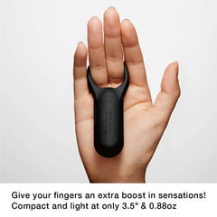 Tenga SVR+ compact black vibe ring resting in open palm, 3.5 inches long and 0.88oz