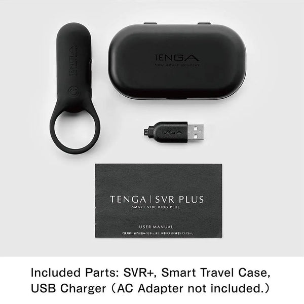 Tenga SVR+ complete set laid flat including ring, smart travel case, USB charger, and user manual