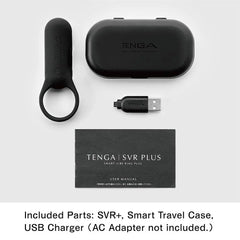 Tenga SVR+ complete set laid flat including ring, smart travel case, USB charger, and user manual