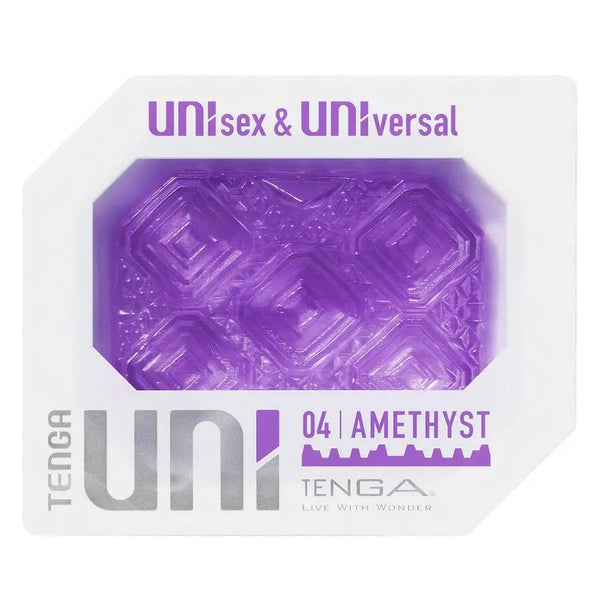 Tenga Uni Amethyst masturbator in clear packaging showing purple gemstone-cut silicone pad
