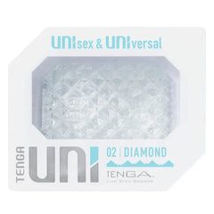Tenga Uni Diamond masturbator in clear packaging showing diamond-cut textured surface