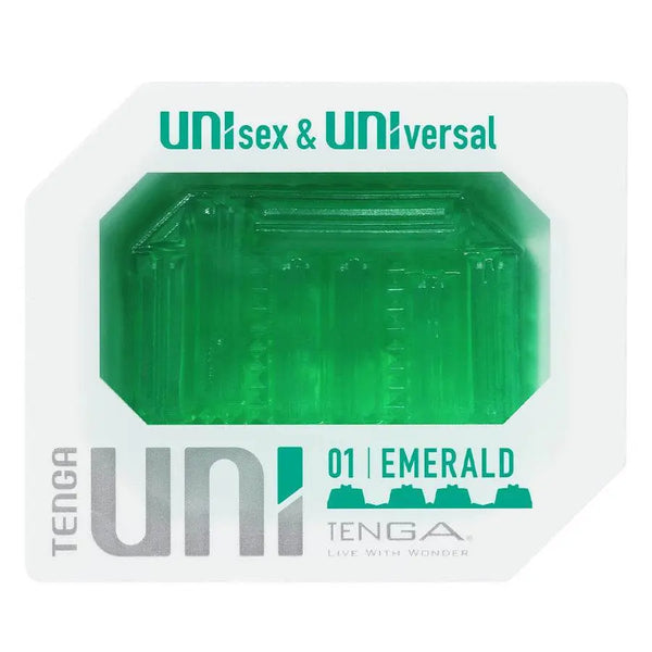 Tenga Uni Emerald masturbator in emerald-cut green TPE, shown in sealed blister pack