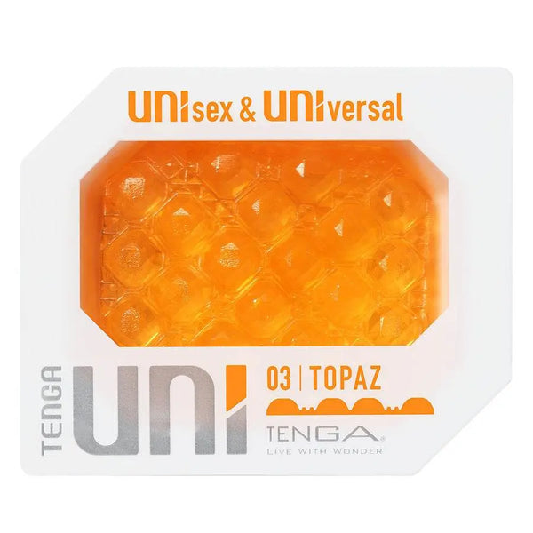 Tenga Uni Topaz masturbator in orange gel, shown in white octagonal packaging with UNIsex label