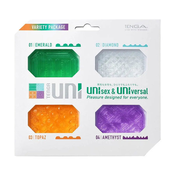 Tenga Uni Variety Pack with four textured silicone sleeves in green, white, orange, and purple