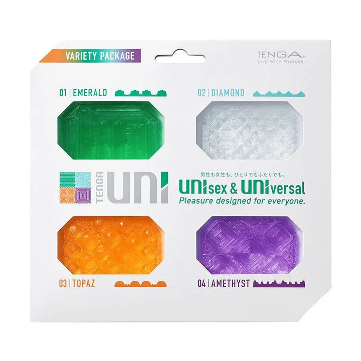 Tenga Uni Variety Pack with four textured silicone sleeves in green, white, orange, and purple