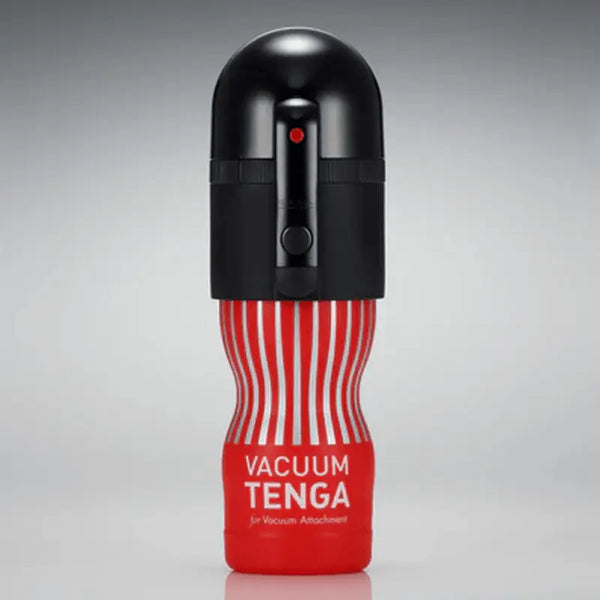 Tenga Vacuum Max male masturbator with black vacuum controller attached to red striped cup