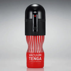 Tenga Vacuum Max male masturbator with black vacuum controller attached to red striped cup