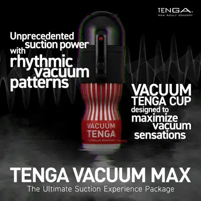 Tenga Vacuum Max product showcase highlighting rhythmic vacuum patterns and suction design