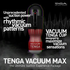 Tenga Vacuum Max product showcase highlighting rhythmic vacuum patterns and suction design