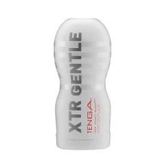 Tenga XTR Gentle vacuum cup front view, smooth white exterior with grey and red branding label