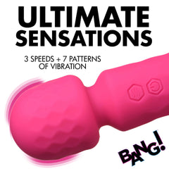Close-up of textured pink wand head highlighting 3 speeds and 7 vibration patterns