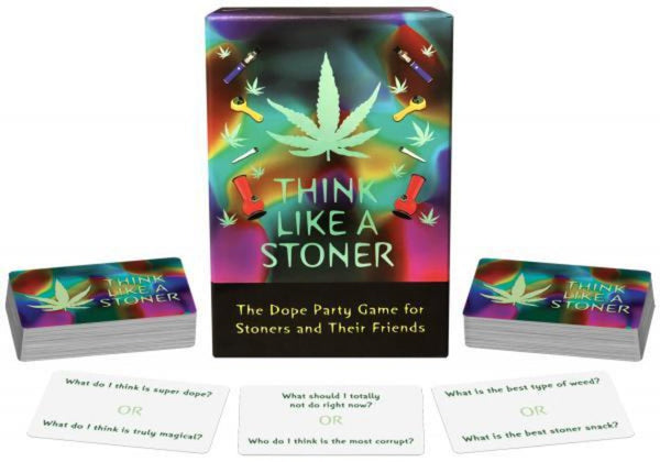 Think Like a Stoner card game box with colorful cannabis leaf design, cards, and sample question prompts
