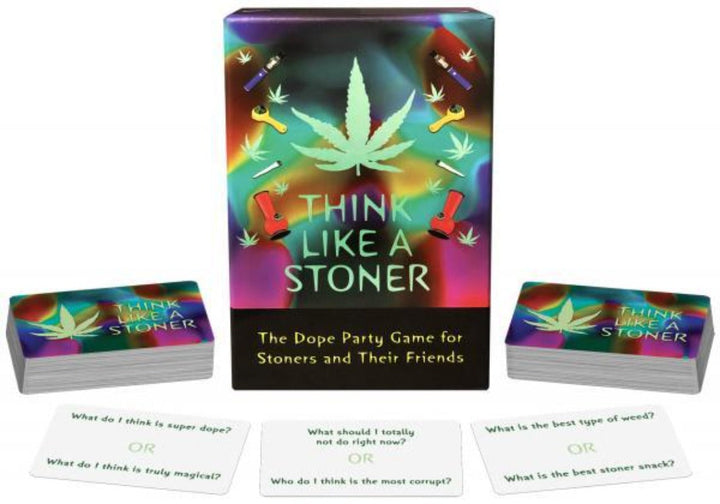 Think Like a Stoner card game box with colorful cannabis leaf design, cards, and sample question prompts