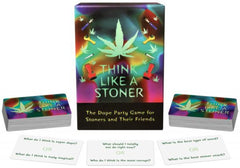 Think Like a Stoner card game box with colorful cannabis leaf design, cards, and sample question prompts