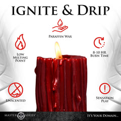 Thorn Drip Candle infographic: paraffin wax, unscented, low melt point, 8–10 hr burn time
