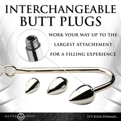 Close-up of threaded hook tip alongside three interchangeable graduated butt plug attachments