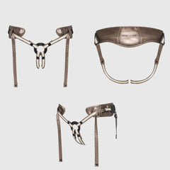 Three-angle flat-lay of Strap-On-Me Desirous harness: front, back waistband, and side assembled views