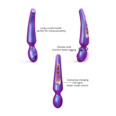 Three-angle view of Pleaser wand highlighting flexible shaft, curved handle, and LED mode indicator lights
