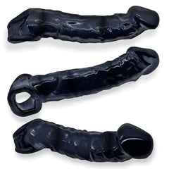 Three angles of Muscle Bandit black cocksheath showing top, side, and underside texture detail