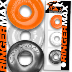 Close-up of three Atomic-Jock Ringer Max cock rings fanned out showing embossed logo and glossy texture