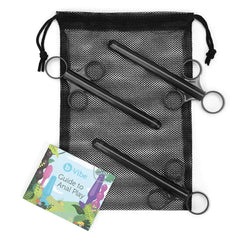 Three black lubricant applicators in mesh storage bag with Guide to Anal Play booklet