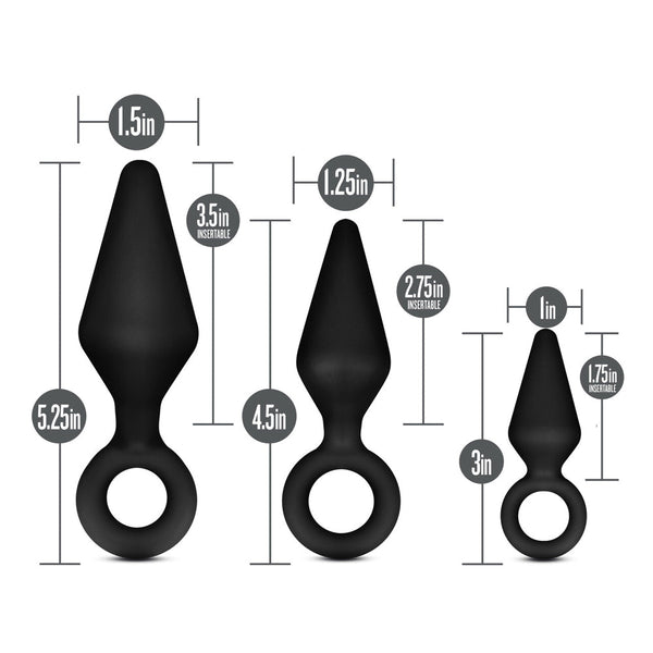 Three black plugs with labeled dimensions; large 5.25in, medium 4.5in, small 3in total length