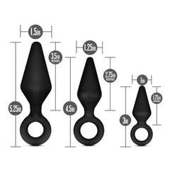 Three black plugs with labeled dimensions; large 5.25in, medium 4.5in, small 3in total length