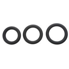 Three black silicone rings laid flat in a row, displaying small, medium, and large sizes