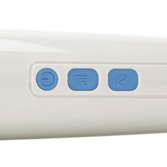 Three blue control buttons showing power, intensity, and pattern modes on white body