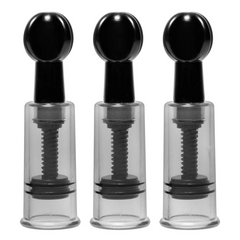 Three clear suction cylinders with black screw-top handles shown upright, side by side
