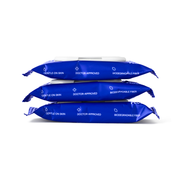 Three Dame Body Wipes packs stacked flat showing gentle-on-skin and doctor-approved side labels