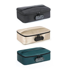 Three Discreet Box storage cases in black, gold, and teal showing available color options