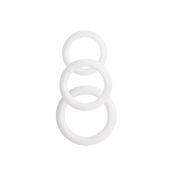 Three graduated clear silicone cockrings from the Adore U Höm set, unpackaged front view