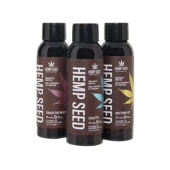 Three Hemp Seed massage and body oil bottles: Crack the Whip, Stiletto, Bottoms Up scents