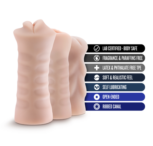 Three ivory strokers displayed upright beside key features: body-safe, self-lubricating, latex-free TPE