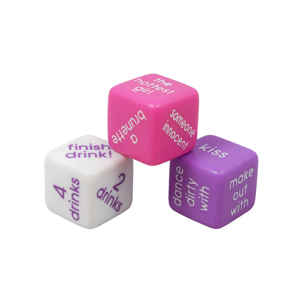 Three Ladies Night Drink or Dare dice in white, pink, and purple with printed prompts