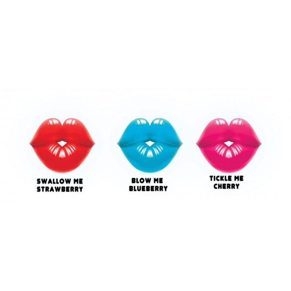 Three lip-shaped gummy rings in red, blue, and pink with flavor names printed below