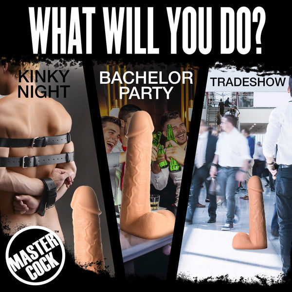 Three-panel graphic showing Moby dildo used as a novelty prop at parties and trade shows