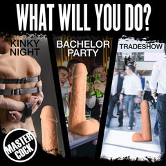 Three-panel graphic showing Moby dildo used as a novelty prop at parties and trade shows