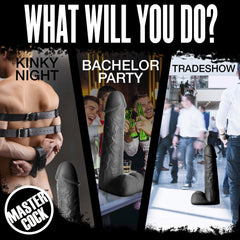 Three-panel graphic showing Moby Super Dildo in kinky night, bachelor party, and tradeshow contexts