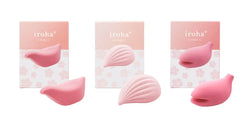 Three pink Iroha+ vibrators including Kushi displayed beside their sakura-print gift boxes