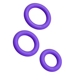 Three purple silicone cock rings from the Remix Trio shown in graduating sizes