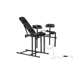 Three-quarter angle of chair in mid-recline showing adjustable backrest and mounted thrusting machine