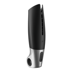 Three-quarter angle highlighting open-top silicone sleeve and vibration control buttons on silver base